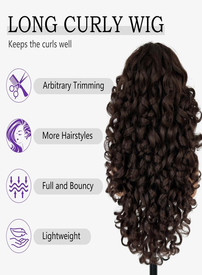 SOKU Long Curly Brown Wig, 22 Inch Glueless 13x4x1 HD Lace Front Wigs for Black Women Pre-Plucked Hairline with Baby Hair Lightweight Synthetic Curly Layered Hair Wigs(Dark Brown) - Image 3